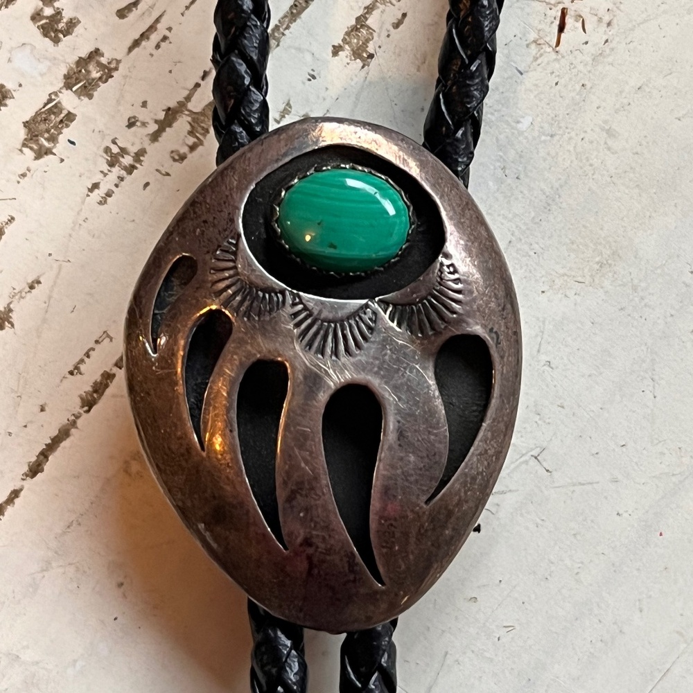 RARE Vintage Navajo Sterling Silver and Turquoise Black Leather Bear Paw Bolo Ti